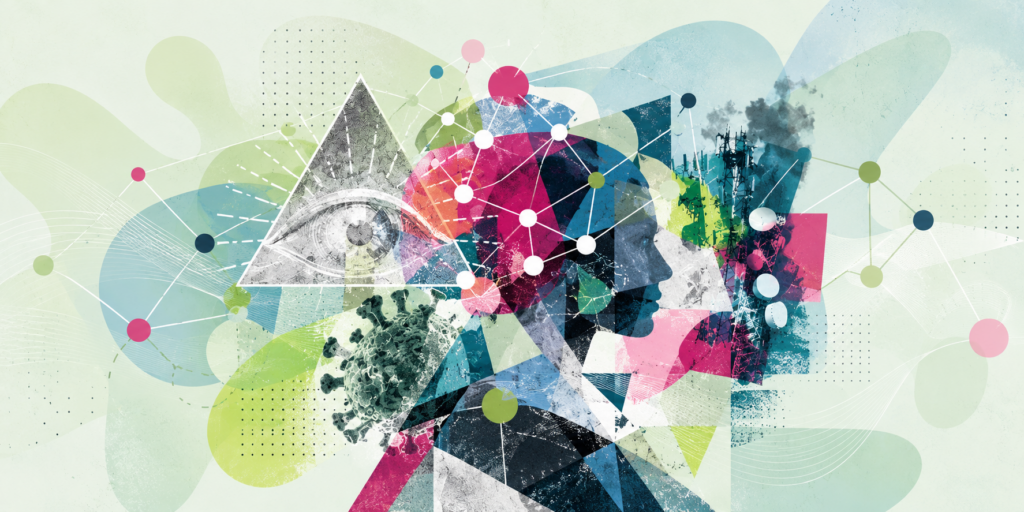 Abstrakte Collage aus Mensch, Netzwerk und Technologie
