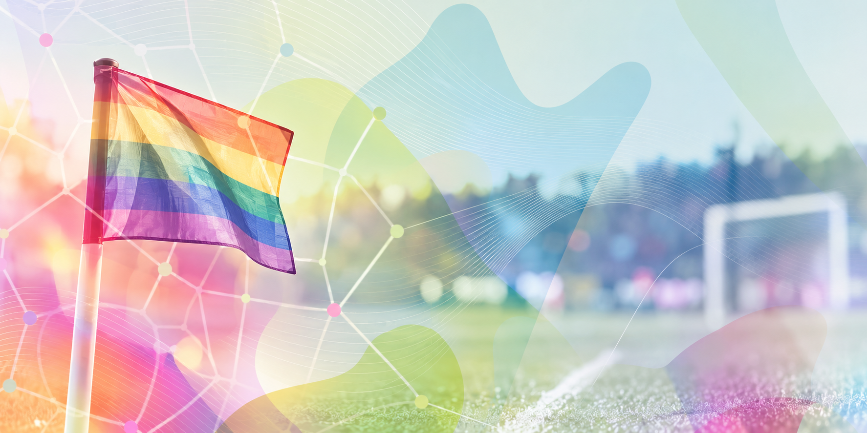 Pastellfarbener Regenbogen-Fußballplatz mit Netzlinien